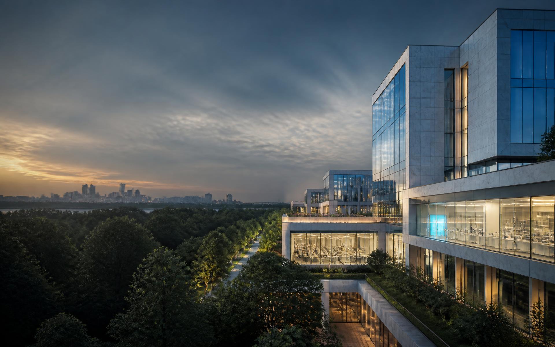 Contemporary health research campus overlooking a modern Ukrainian city at sunrise